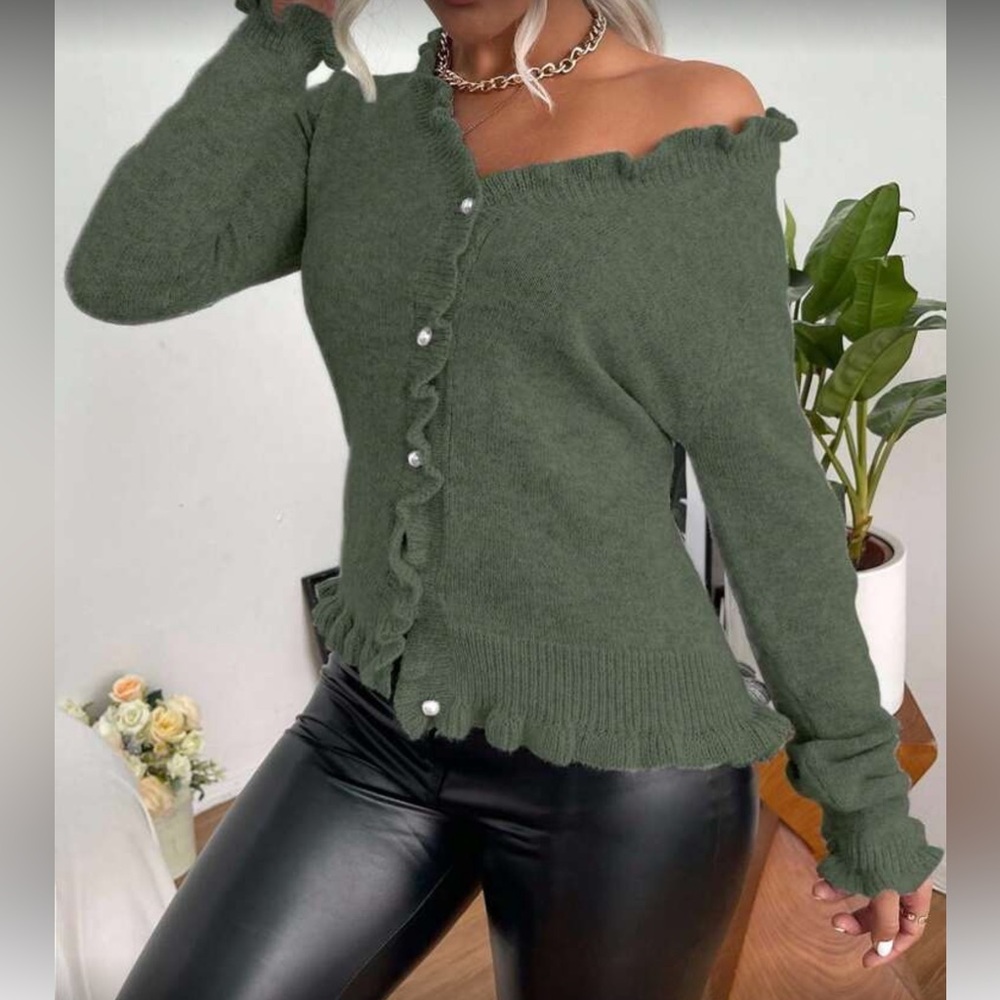 Green Ruffled Button-Up Sweater - Picture 2 of 5